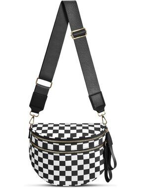 Women's Black 1 Bum Bag Spacious Nylon Fanny Packs Checkered Cross Body Bag